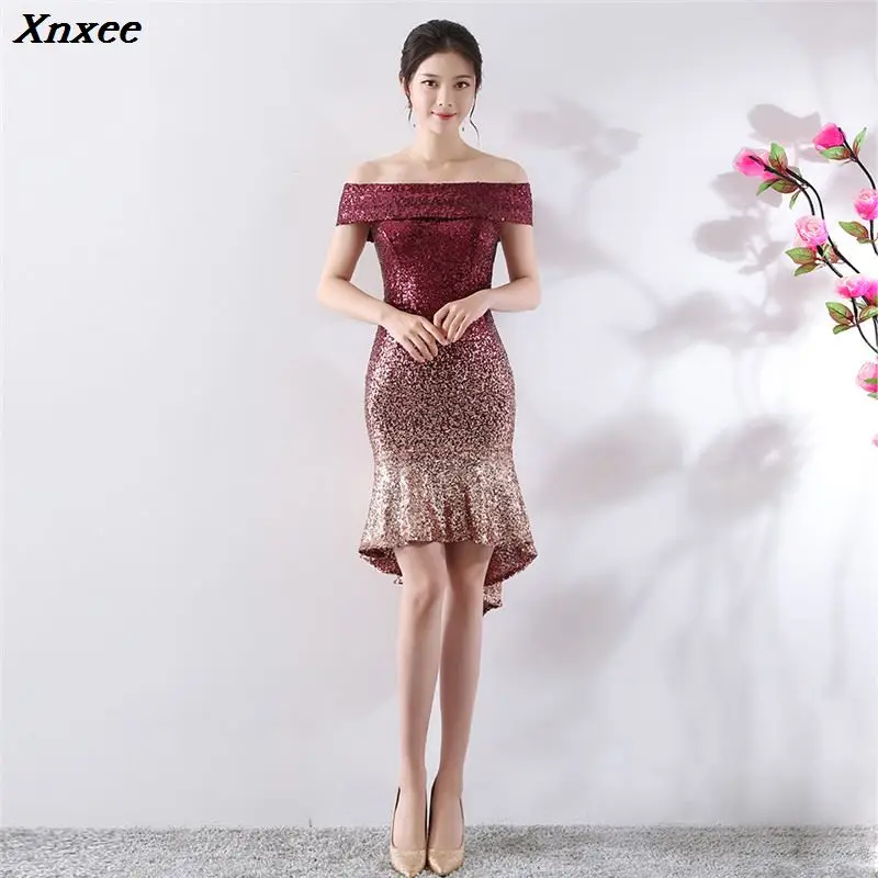 

Xnxee Sexy Off Shoulder Red Gradient Knee-Length Mermaid Women Elegant Celebrity Evening Party Dresses Clubwears Xnxee