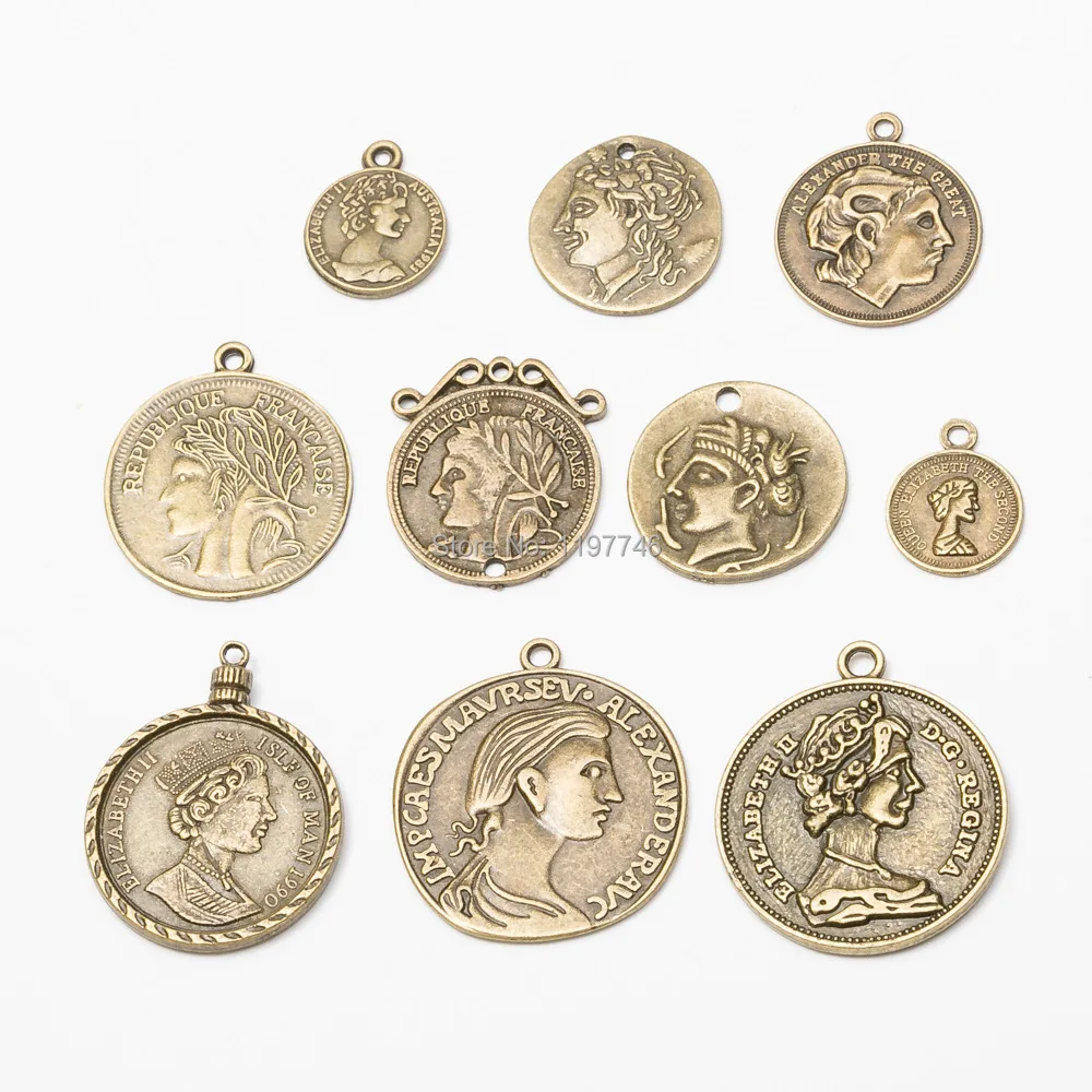 

Queen King Head Cameo Coin Round Charms Antique Bronze European Zinc Alloy Charm Pendant for Bracelet Jewelry Making 10pcs