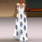 ZANZEA 2022 летнее богемное длинное платье с принтом, женское сексуальное пляжное платье с V-образным вырезом, Женский винтажный сарафан без рукавов
