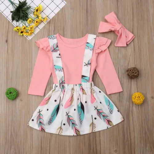 Toddler Kids Baby Girls Clothes T-shirt Tops+Strap Dress Skirt Outfits Children Set 3PCS | Детская одежда и обувь