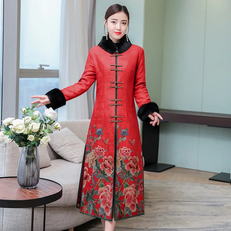 

2018 Autumn New Pattern Will Code Length Sleeve Deerskin Villus Lead Long The Republic Of Dress Improvement Cheongsam Dress