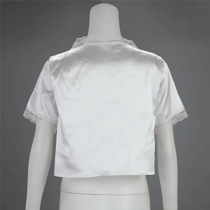 Fashion Women's T-Shirt Sexy Short Sleeves Lace Silk Satin Shirts Crop Tops Ladies' New White Color Bandage Hot Selling | Женская