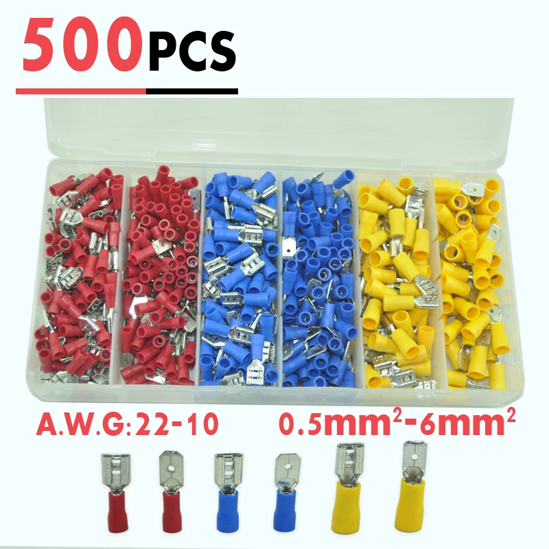 

500pcs Vinyl Female Male Quick Disconnect Wire Terminals Red Blue Yellow 22-10 AWG Ga Connectors