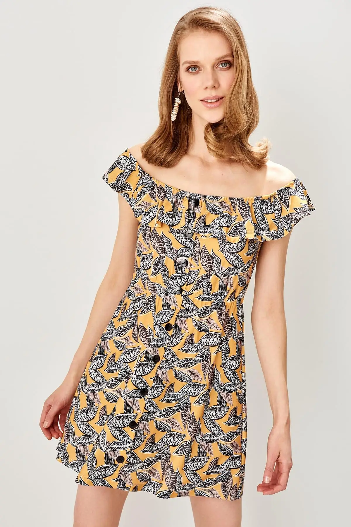 Trendyol желтый Кармен воротник узор трикотажное платье TWOSS19ST0144|Женские платья| |