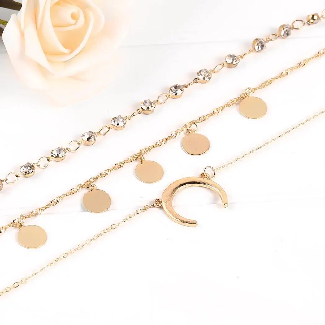 Для женщин Jewelry слоистых Луна блесток кулон горный хрусталь цепь колье Цепочки и