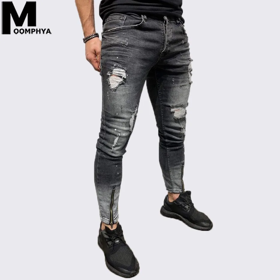 Moomphya 2019 New Distressed holes skinny jeans men Streetwear hip hop ripped for Black biker | Мужская одежда