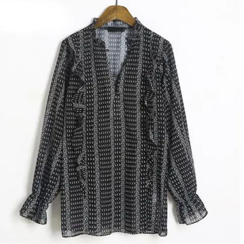 

Black Retro Office Women Boho Hippie Casual Long Sleeve Shirts V-Neck Striped Sexy Long Balloon Sleeve Loose shirts Tops Blouses