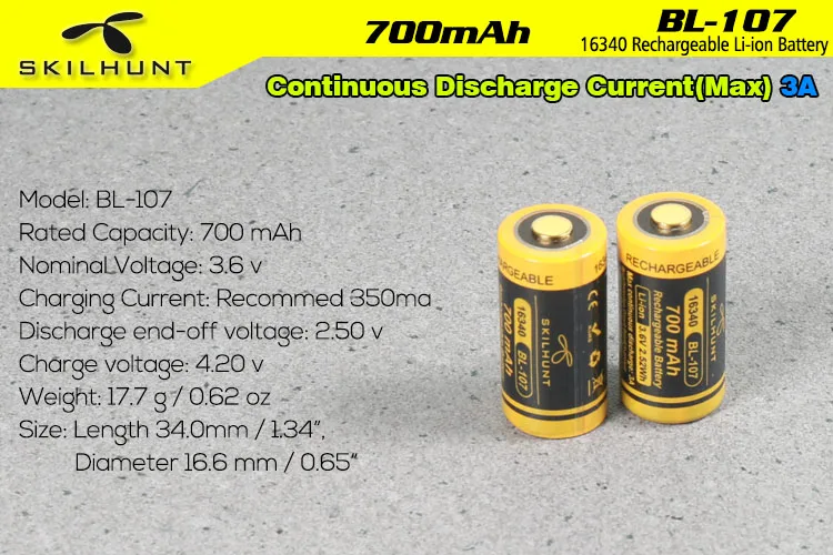 

Skilhunt BL-107 16340 700mAh Protected Battery