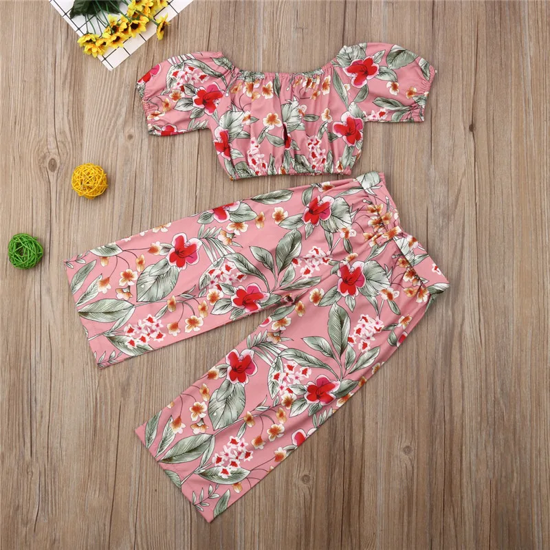 Fashion Kid Baby Girl Floral Clothes Sets Off Shoulder Short Sleeve Crop Tops Bow Wide Leg Pants 2Pcs Summer Outfits 18M-6Y | Мать и