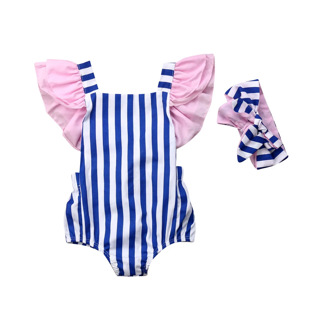 

Baby Clothes Newborn Toddler Baby Girl Striped Sleeveless Bodysuit Jumpsuit Headband Clothes Set