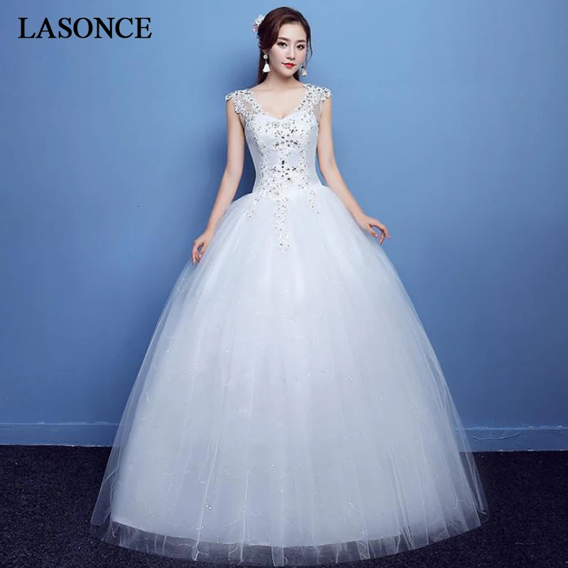 

LASONCE Ball Gown Lace Appliques Wedding Dresses Crystal V Neck Sleeveless Sequined Backless Tulle Bridal Gowns