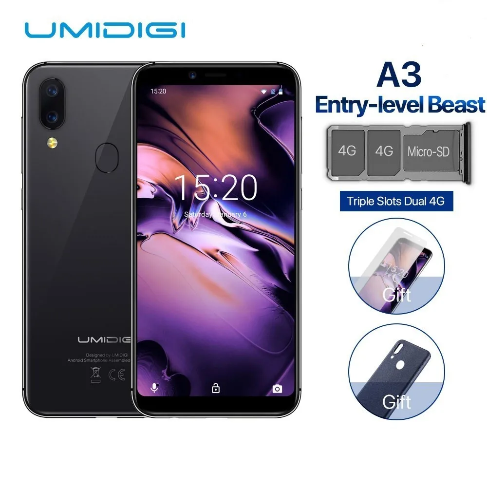 UMIDIGI A3 Global Band 5 &quotincell HD + дисплей 2 ГБ 16 Гб смартфон четырехъядерный Android 8 1 12 Мп