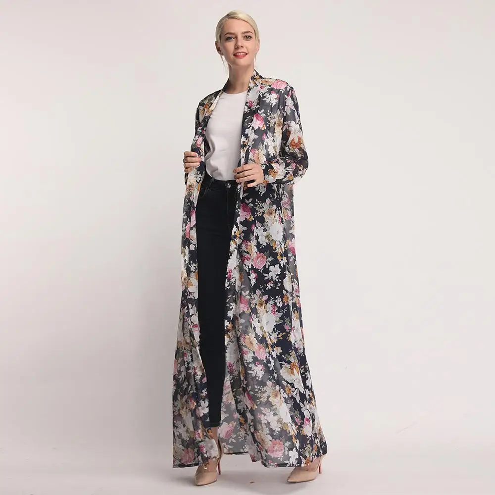 Женский шифоновый кардиган с цветочным принтом Abaya свободное мусульманское