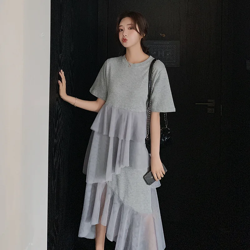 Женское Сетчатое платье LANMREM летнее с коротким рукавом неравномерное в Корейском