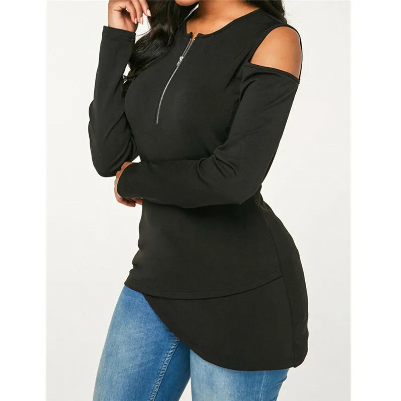 S--XL модная женская футболка с круглым вырезом открытыми плечами длинным рукавом