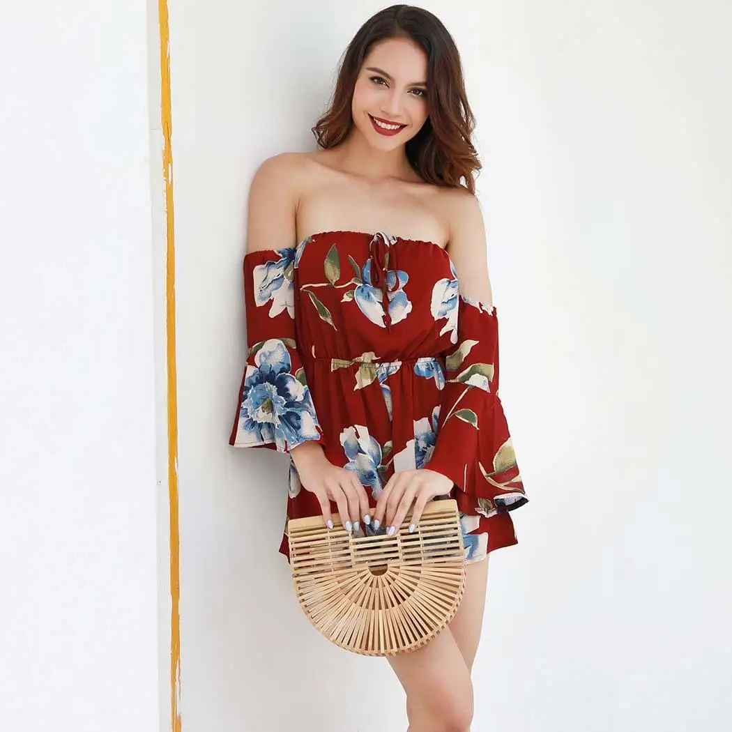 Женская мода с открытыми плечами расклешенными рукавами принт Повседневный выше