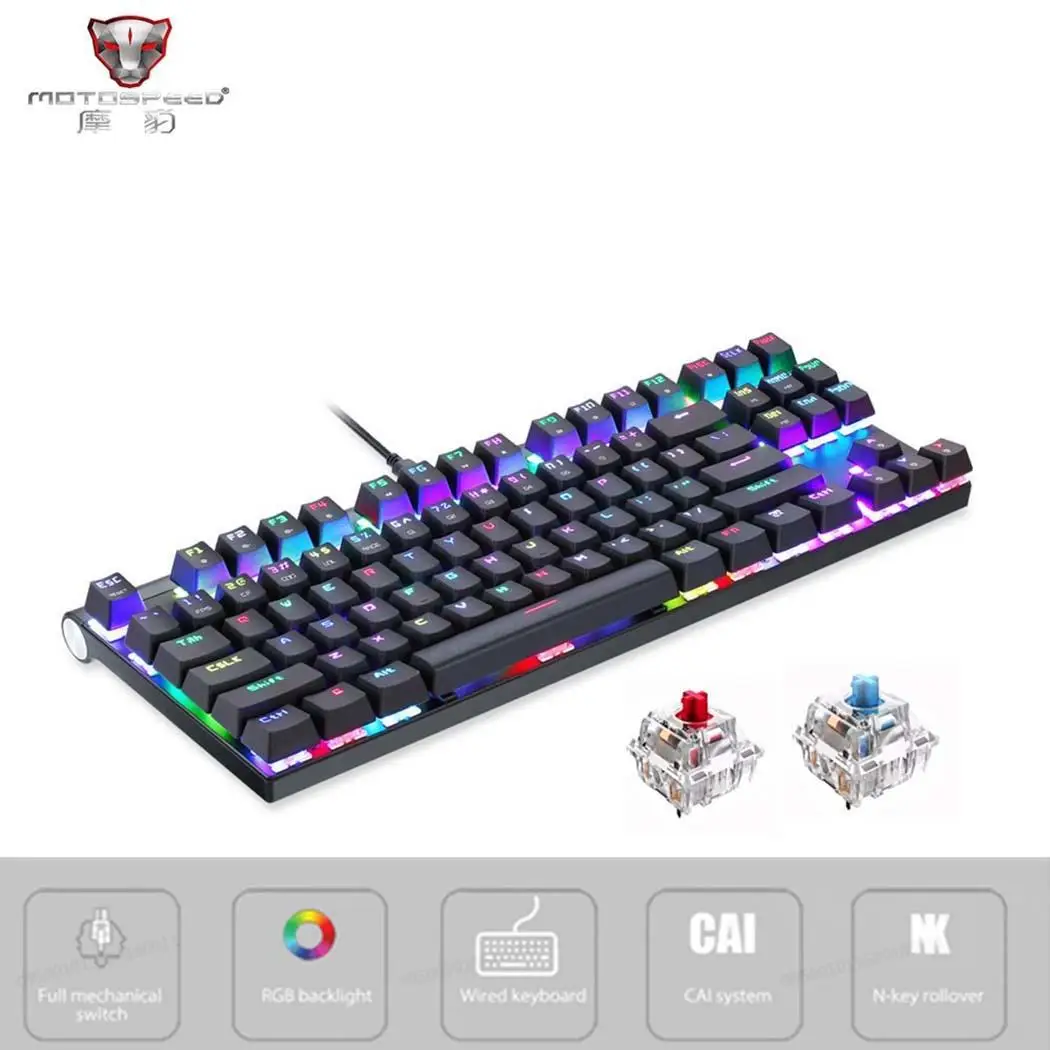 Motospeed CK101 Проводная Механическая клавиатура Металл 87 ключей RGB синий красный