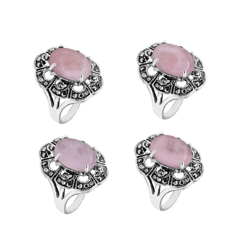 Oval Natural Stone Quartz Rings For Women Antique Silver Plated Rhinestone Plum Flower Vintage Fashion Jewelry TR710 | Украшения и
