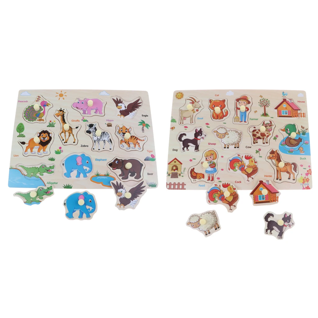 

2 набора деревянных колышков пазл обучающие игрушки для От 1 до 4 лет малышей-Зоопарк и Животные фермы