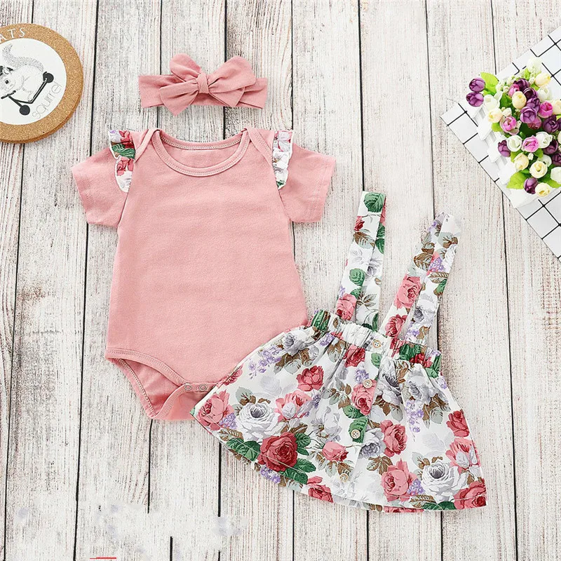 2019 0-24M Toddler Baby Girl Summer Clothes Sets Tops Romper Floral Skirt Suspender Outfits Set Cotton Party Cute | Детская одежда и