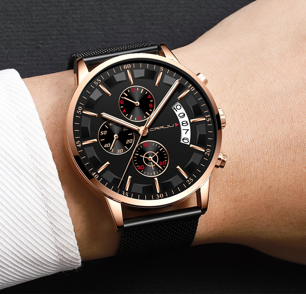

CRRJU Stainless Steel Mesh Watch for Men 2019 Fashion Chronograph Quartz Wrist Watches Mens Casual Sports Watch Clock Black
