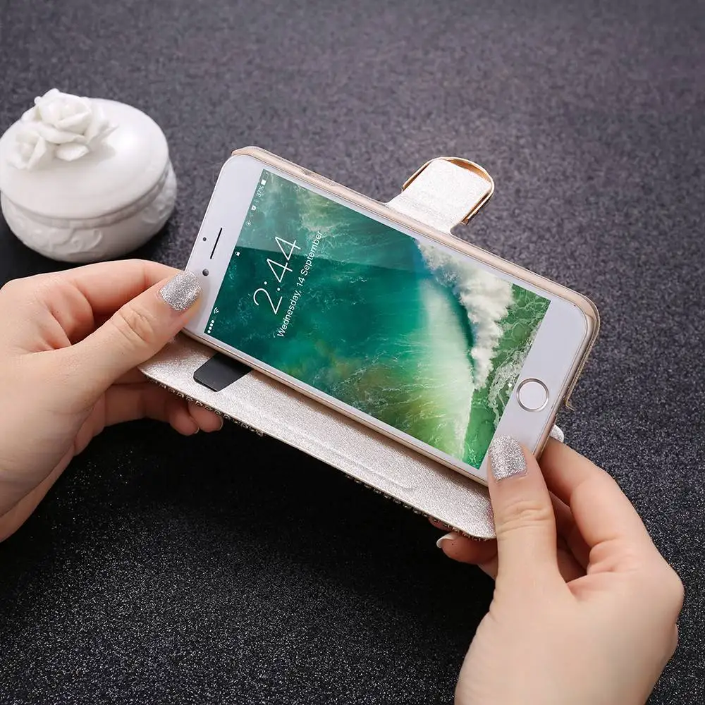 Кожаный чехол-книжка KISSCASE с бриллиантами для телефона чехол iPhone 5 5S SE 6 6S 7 8 Plus
