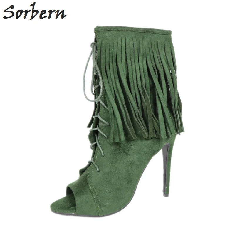 

Sorbern Dark Green Fringe Peep Toe Ankle Boots Spring High Heel Shoes Ladies Short Boot Custom Colors Trendy Shoes Women Size 43