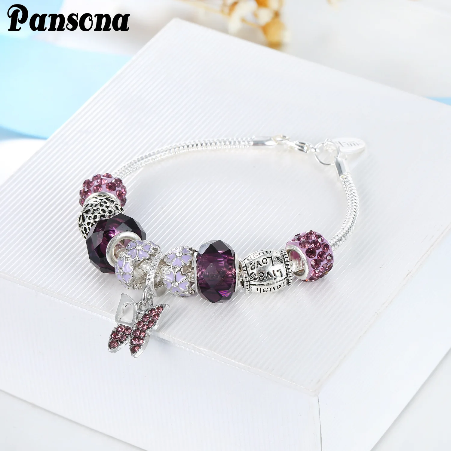 Фиолетовый кристалл браслет посеребренный сплав большое отверстие бисера DIY для