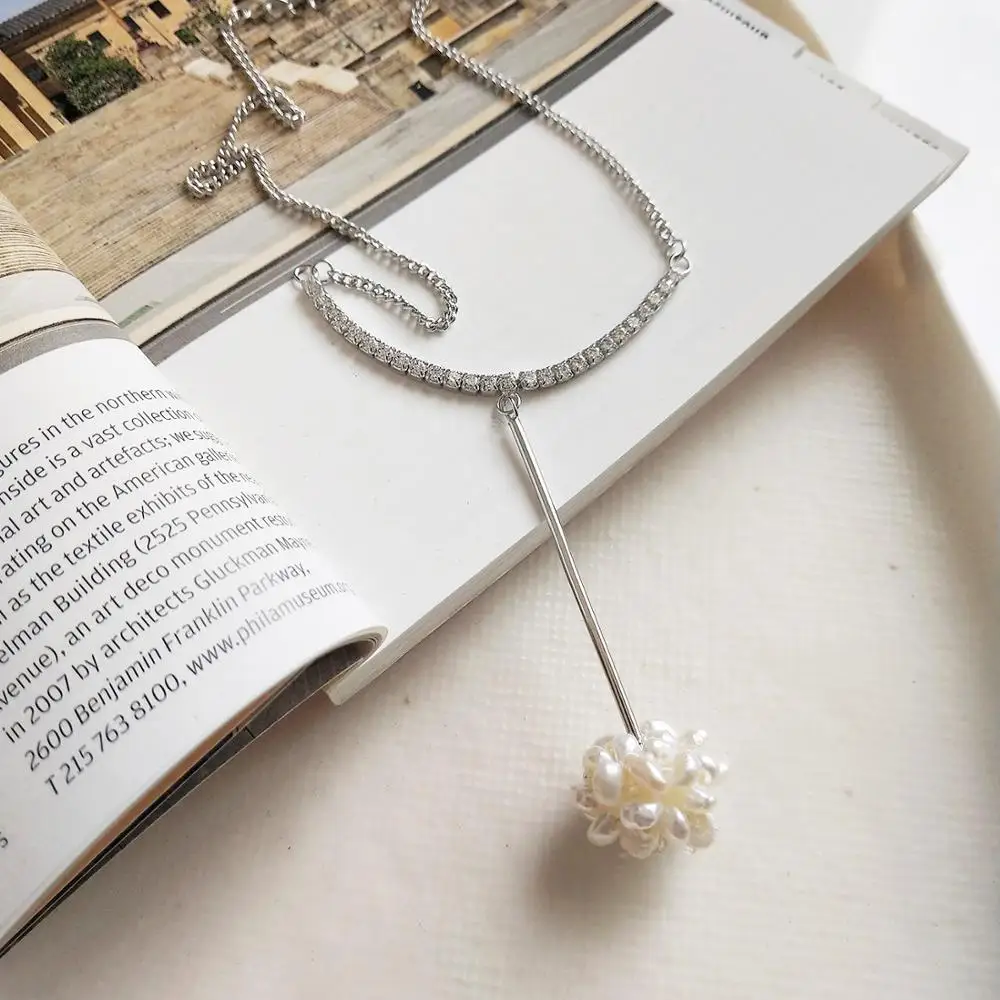 

Pure 925 Silver European American New Design Creative Concise Freshwater Pearl Pendant Zircon Necklace Fine Jewelry
