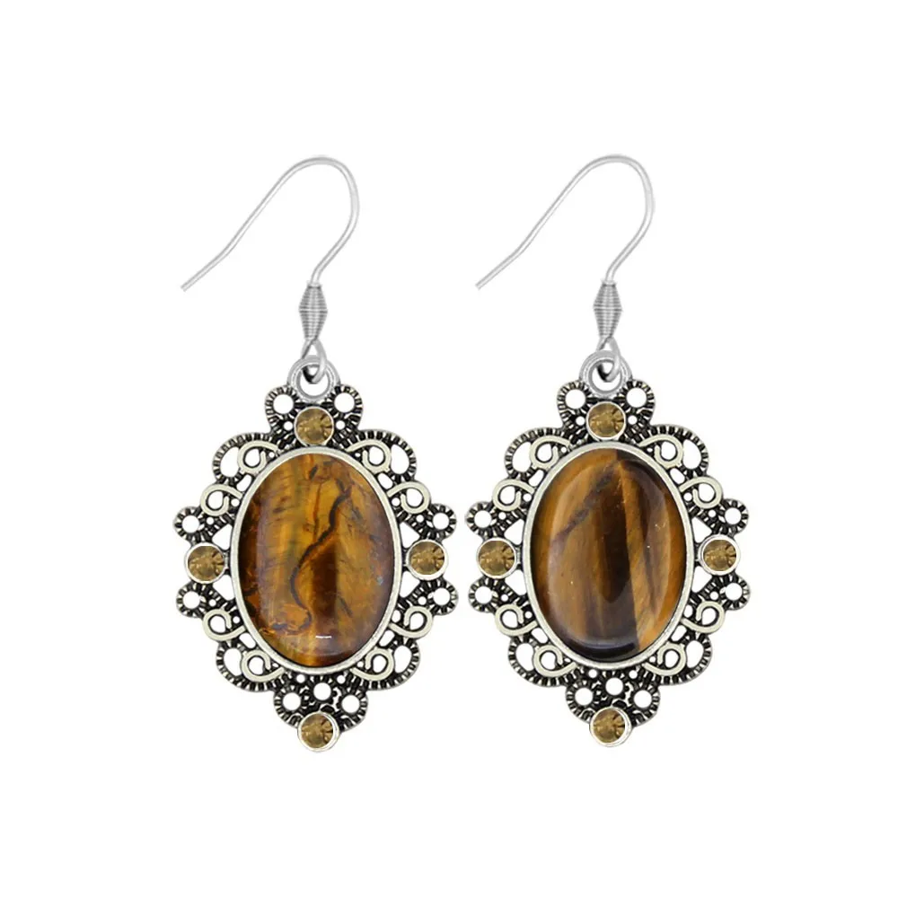 Tiger Eyes Natural Stone Crystal Necklace Earrings Jewelry Sets Vintage Look Antique Silver Plated Fashion TS464|Ювелирные наборы| |