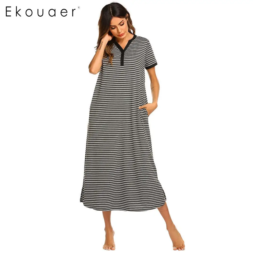 Ekouaer, длинная ночная рубашка, женская ночная рубашка, одежда для сна, платье, повседневное, одноцветное, v-образный вырез, половина рукава, свободная ночная рубашка, женское домашнее платье