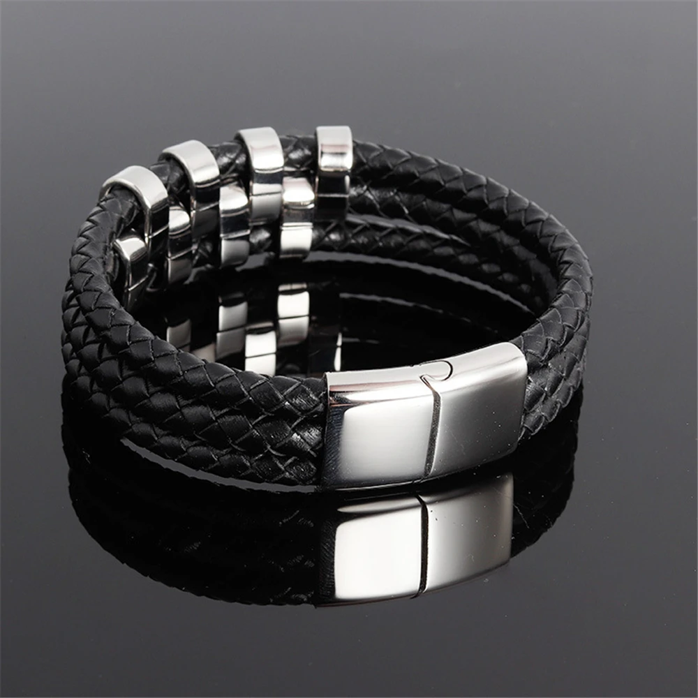 Fashion Genuine Leather Bracelet for Men Jewelry Punk Stainless Steel Buckle Bangle 3 Wrap Black Braid Rope Chain | Украшения и