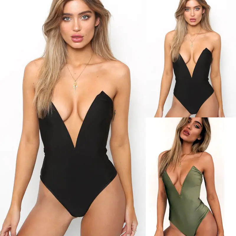 Женский Цельный купальник с глубоким V-образным вырезом однотонное Бандажное