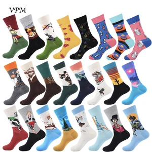 Мужские хлопковые носки VPM в стиле Харадзюку, красочные веселые Смешные Носки с рисунком Ван Гога маслом для мужчин, подарок на свадьбу и Рождество
