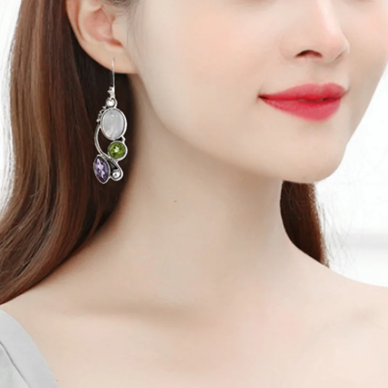 

New Style Moonstone Handmade Drop Earring Jewelry Women's Silver Retro Natural Stone Earrings Gifts