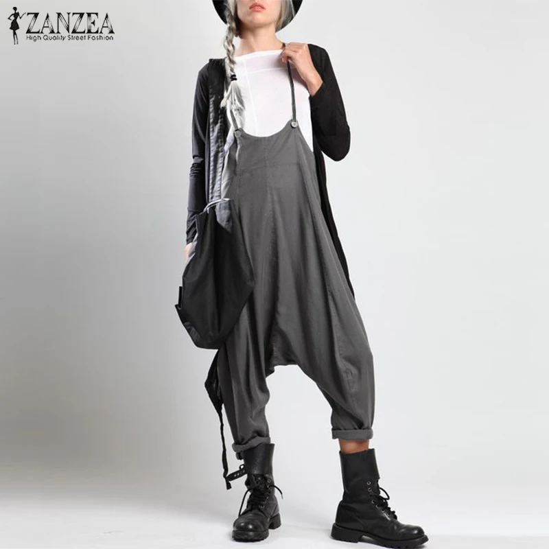 Fashion ZANZEA Women Summer Strappy Solid Drop Crotch Jumpsuits Casual Loose Playsuits Rompers Ladies Party Suspenders Overalls |