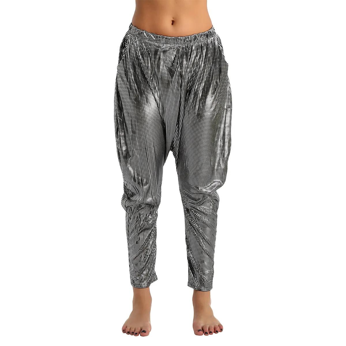 Модный женский блестящий костюм TiaoBug для джазовых танцев в стиле хип хоп шаровары