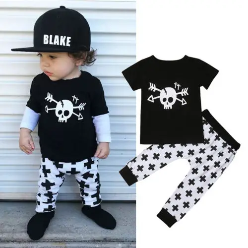 New Spring Summer -Toddler Kids Baby Boy Outfit Clothes Skull Print Short Sleeve T-shirt Tops+Long Pants Cotton Set 1-6T | Детская