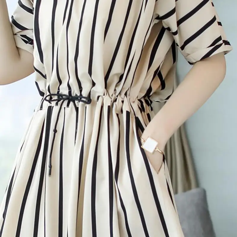 

MISSKY Women Summer Dress White Black Color Short Sleeve Round Collar Casual Waisted Vertical Stripe Dress Female Clothes