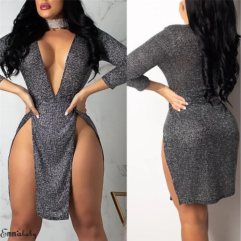 Fashion Casual Slim Solid Women Sparkly Deep V Neck Long Sleeve Bandage Bodycon Mini Dress Party Gown Clubwear Clothes | Женская одежда