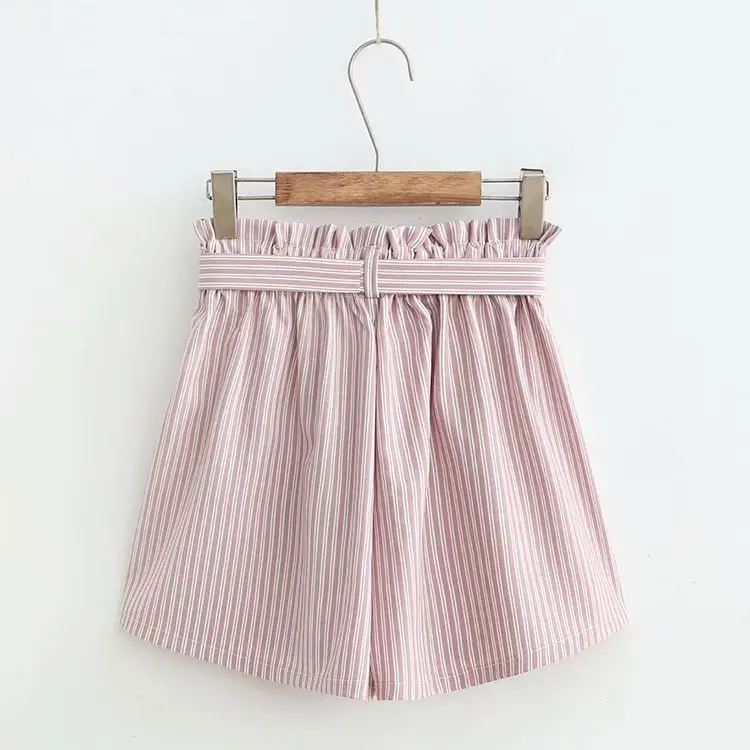 

ICHOIX casual style striped women shorts summer new high waist wide-leg shorts elastic waist Korean Style mini loose shorts