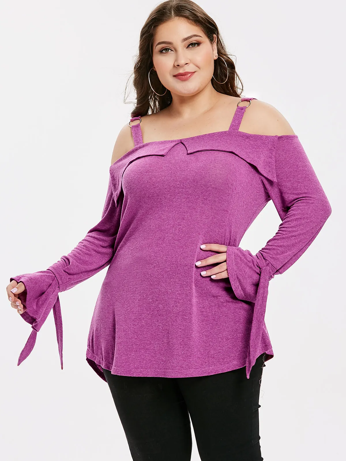 Wipalo Women Plus Size Square Neck Flare Long Sleeve T-Shirt Spaghetti Strap Cold Shoulder Casual Solid Tees Ladies Spring Tops | Женская