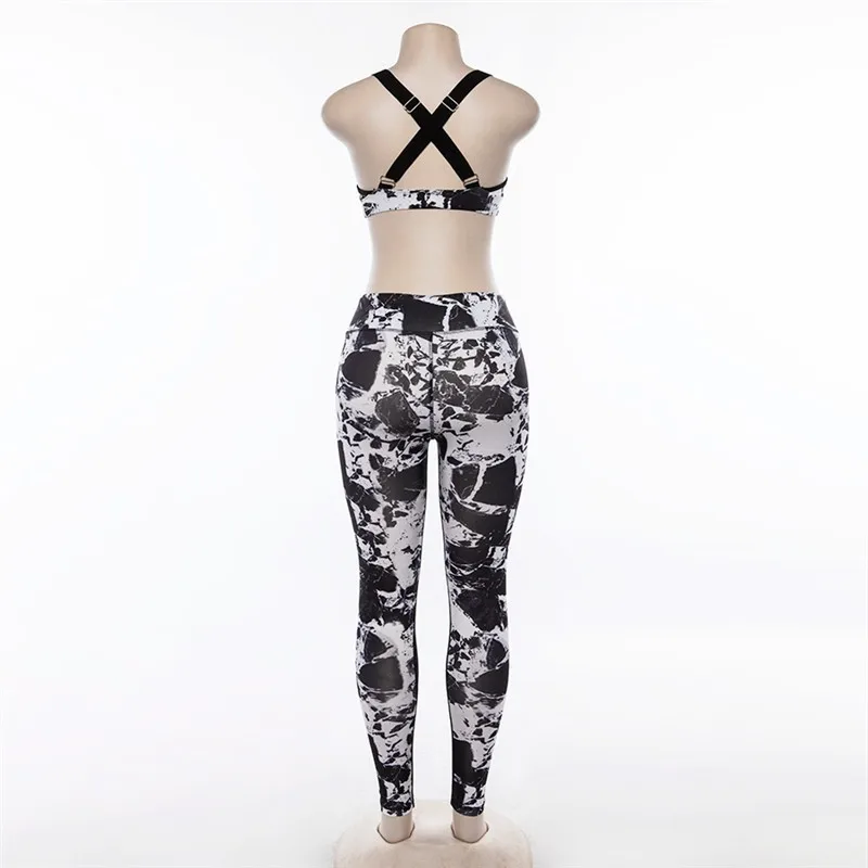 Women Fitness Suit Crop Tank Workout Printed Cross Bra High Waist Legging Pants 2 Pieces Set 2018 Fashion Female Sexy Tracksuit | Женская