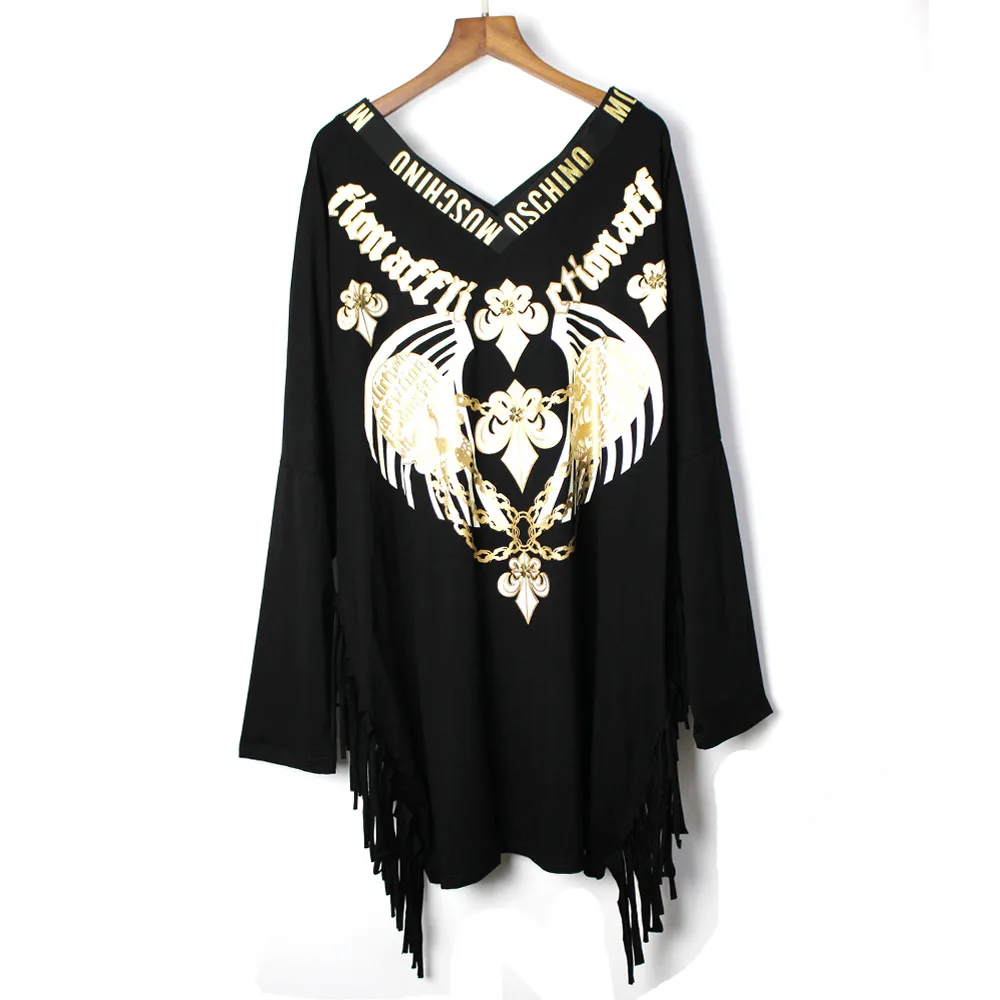 2019 панк Рок весна новый модный принт длинный рукав хлопок плюс размер tasselT-shirt