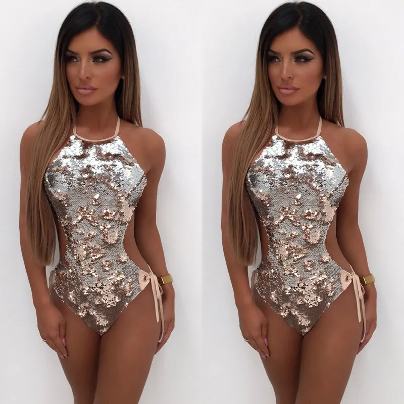 Женский слитный купальник с блестками золотого и зеленого цвета размера плюс