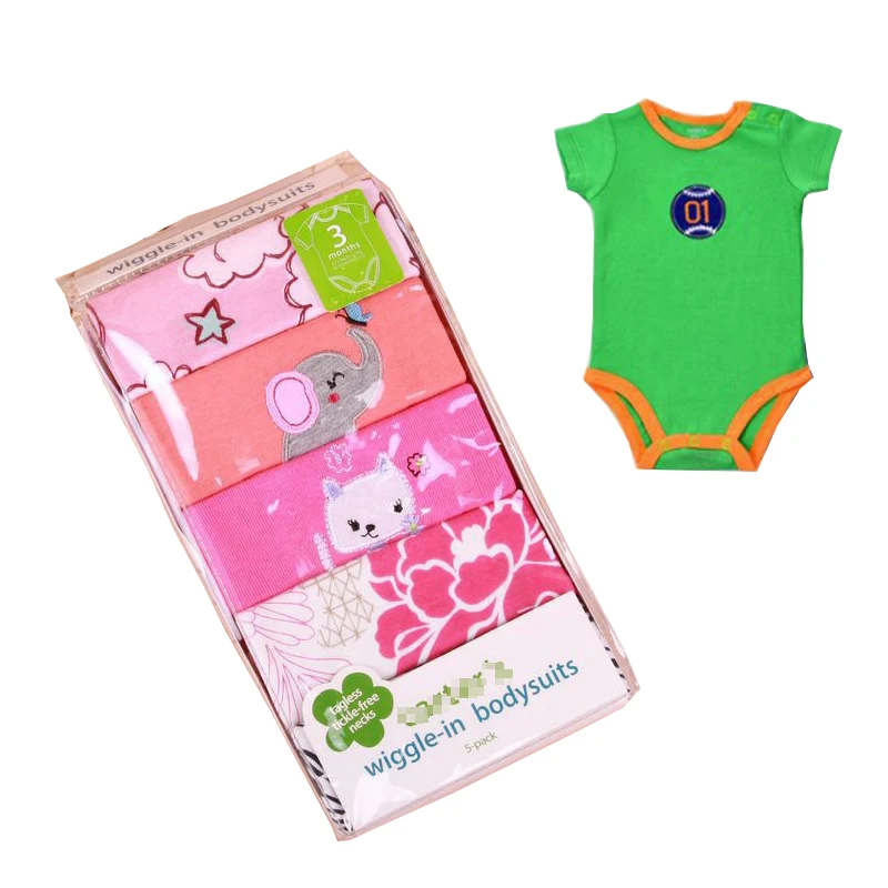 Набор из 5 штук новорожденных комбинезонов с короткими рукавами O-образного выреза для малышей 0-24 месяцев из 100% хлопковой ткани.