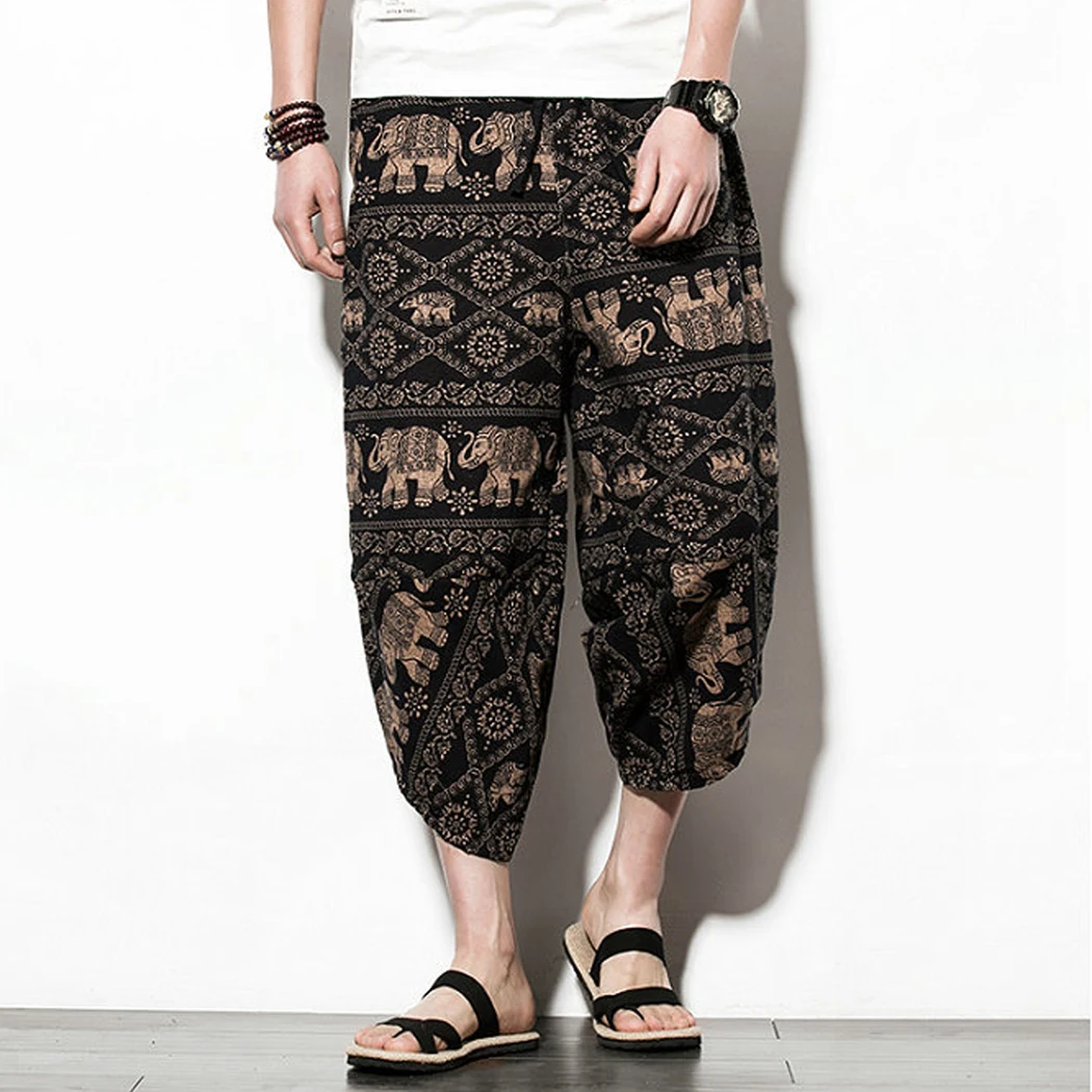 Свободные брюки из хлопка и льна повседневные большого размера с принтом в стиле
