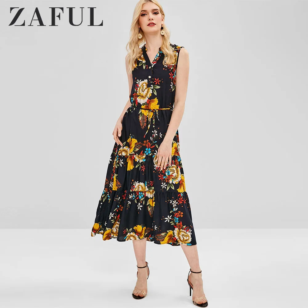 ZAFUL Платье на пуговицах с цветочным принтом и поясом шифонами V образным вырезом