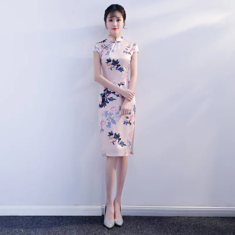 Длинное традиционное китайское платье Cheongsam розовое в стиле ретро 2019 |