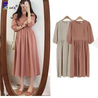 a line dresses women fashion korean style design apricot pink a line o neck cute sweet vintage long dress 330